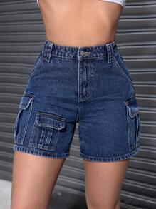 SHEIN EZwear 女士休闲洗水紧身工装牛仔短裤 - 中等水洗藍 - 查看 4