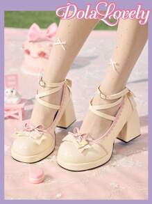 Dola Lovely 女士休闲时尚防滑粗跟厚底蓝色可爱卡哇伊蝴蝶结高跟鞋