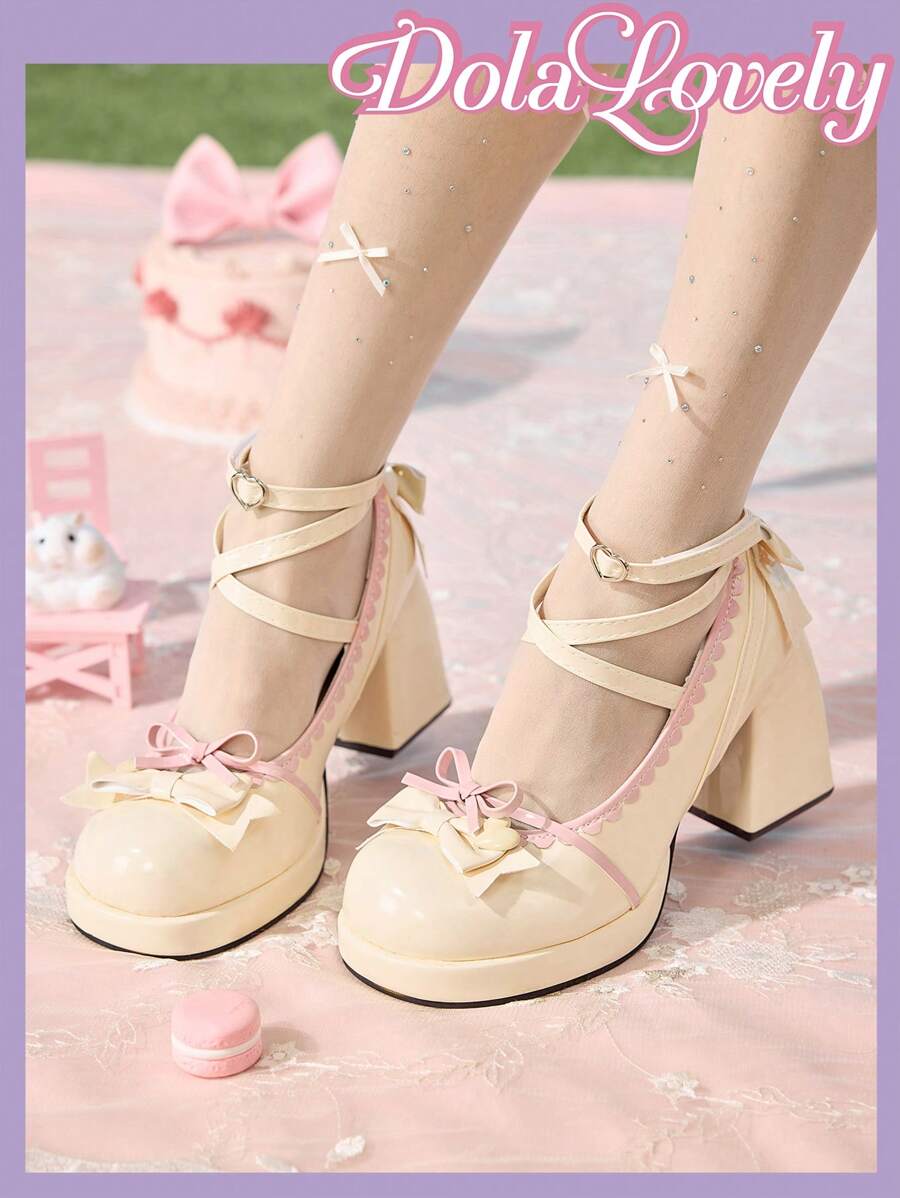 Dola Lovely 女士休闲时尚防滑粗跟厚底蓝色可爱卡哇伊蝴蝶结高跟鞋