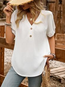 LanaWest Camisa de manga corta con botones, cuello en V profundo y corte holgado