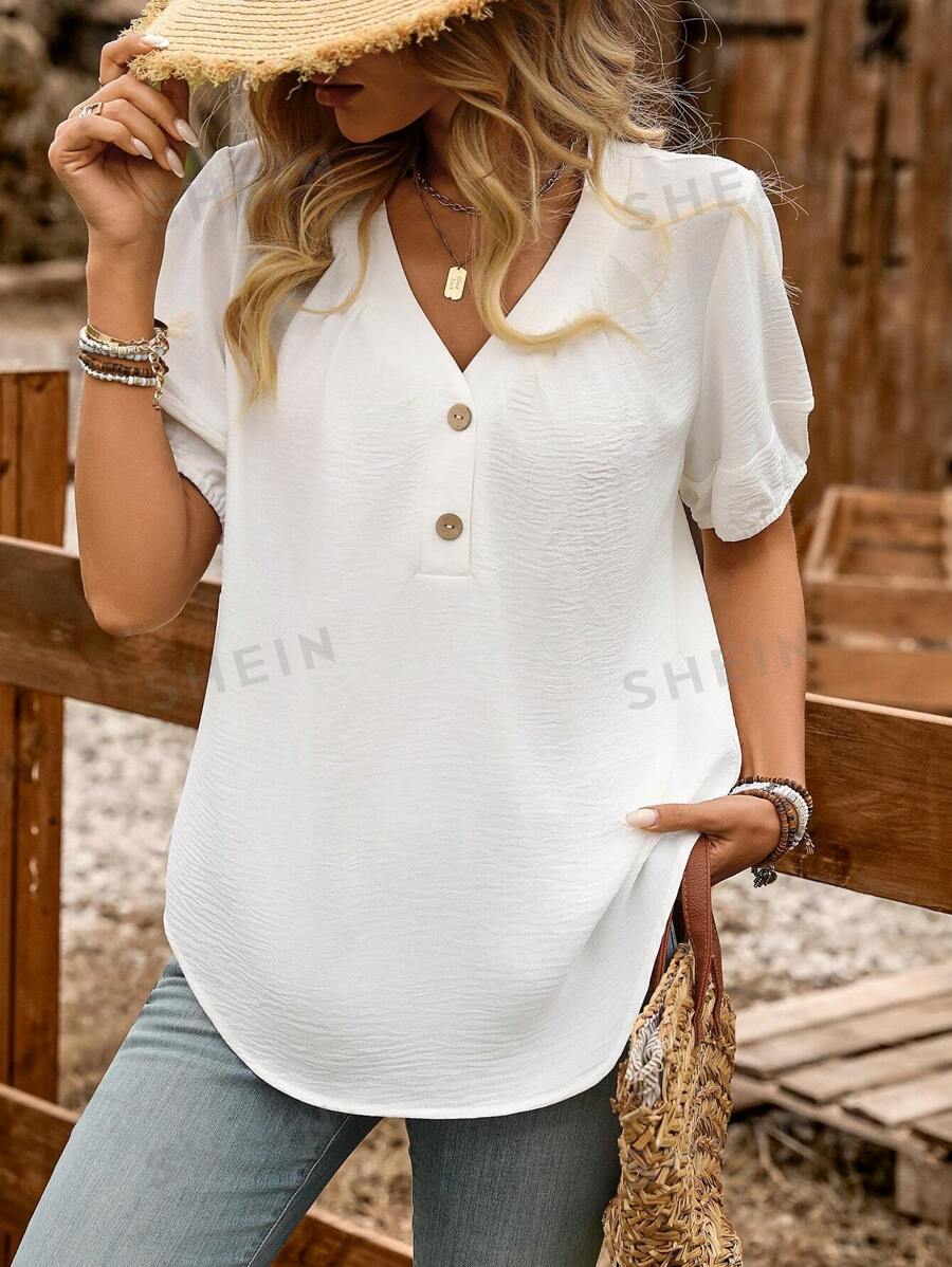 LanaWest Camisa de manga corta con botones, cuello en V profundo y corte holgado