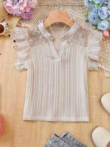 少女撞色蕾丝盖袖褶皱宽松衬衫