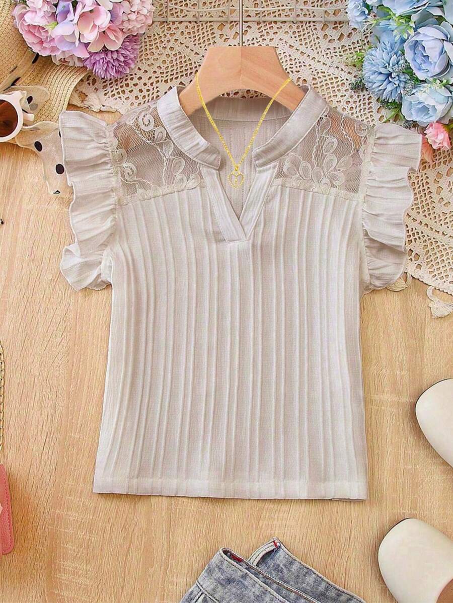 少女撞色蕾丝盖袖褶皱宽松衬衫