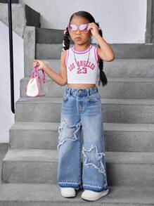 SHEIN Young Girls' Y2K Casual Everyday Ripped Star Embellished Blue Denim Jeans, Minimalist Style,Kid Girls Spring And Summer Casual Vacation Wear