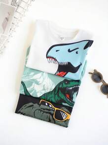 3pcs Young Boys Leisure Street Japanese And Korean Cute Loose Card Cute Cartoon Dinosaur Printed Round Neck Short Sleeve T-Shirt Multi Piece Set Suitable For Daily Travel, Sports, Home Vacation Wearing Suitable For Spring And Summer Festivals