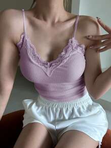 DAZY Damskie, jednokolorowe, koronkowe, prążkowane, modne, krótkie bluzki z krótkim rękawem - Wrzosowy - Zobacz 3