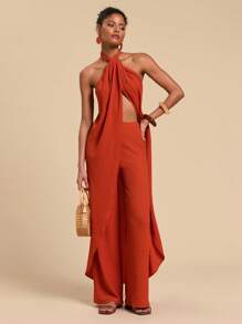 Travachic 2 件套波西米亚纯色露背长上衣 + 高腰直筒裤女式两件套夏季女装度假装女式度假连衣裙女士优雅连衣裙女士度假装女士度假连衣裙 - 橘色 - 查看 6