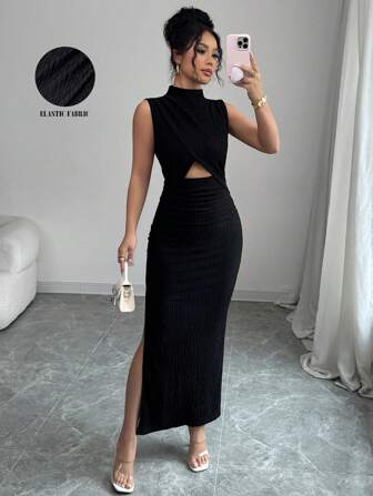 Rafferiza 女士高领无袖镂空腰部纹理面料黑色连衣裙