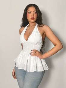 SHEIN Privé New Elegant White Halter Open Back Ruffle Hem Women Casual Top - White - View 4