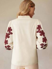 SHEIN Clasi Women's Floral Pattern Frill Sleeve Single-Breasted Blouse - Burgundy - View 2