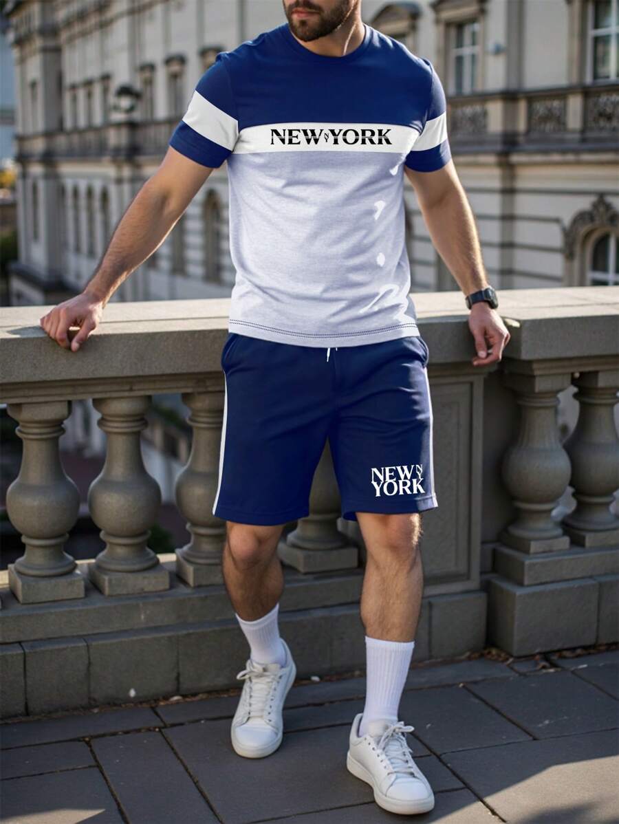 Manfinity EMRG Men's Round Neck Short Sleeve Solid Color Letter Print Patchwork Casual Basketball Jersey Style Top And Shorts Set - Multicolor - View 1