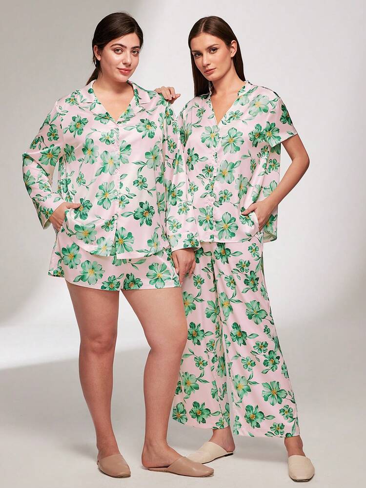 Satin Patterned Button-Up Top & Pants PJ Set