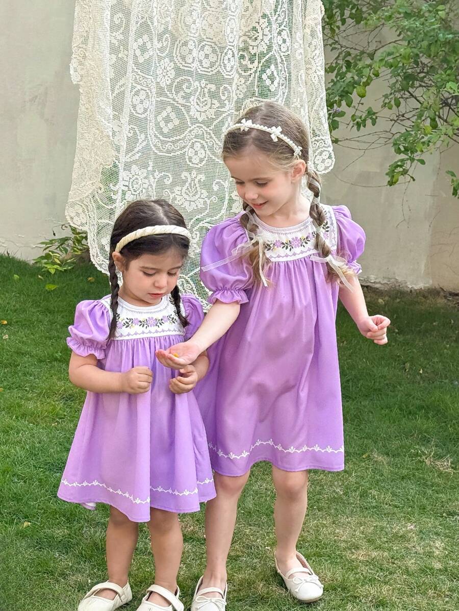 SHEIN LMoss Kids LMoss  Baby Girl Ruffled Ditsy Floral Bodycon Dress,Sisters Outfit,Suitable For Spring And Summer - Multicolor - View 1