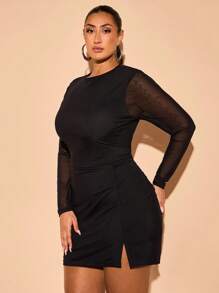 SHEIN BAE Conjunto de 2 piezas de talla grande para mujeres con top de manga larga transparente de cuello redondo y falda mini con abertura, para citas románticas, fiestas, discotecas, damas de honor, falda mini simple, Pascua, Día de San Valentín, looks de malla, atuendos de primavera-verano, atuendos de graduación, conjuntos de boda de 2 piezas, mujer curvilínea, elegante, curvilínea, atuendos de vacaciones de primavera, atuendos de Pascua para mujeres, atuendos de concierto para mujeres