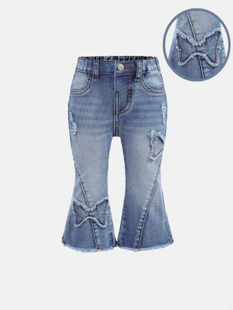 SHEIN Baby Mädchen Jeansflares mit ausgefranstem Rüschensaum in Blau, Frühlings- und Sommer-Freizeitkleidung für Mädchen, Outfit für Mädchen mit mehreren Cargotaschen, lässiger Streetstyle