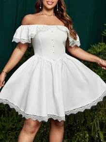 SHEIN Belle 大码露肩蕾丝边收腰 A 字裙，适合度假、约会、聚会 - 白色 - 查看 2