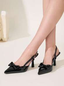 CUCCOO CHICEST Classic Elegant Patent Leather Pointed Toe Mid Heel Women's Backless Pumps, Romantic Bowknot Decor Suitable For Date, Afternoon Tea, Party, Office Wear, Valentine's Day Spring Shoes Spring Break Easter Prom Heels - Black - View 1