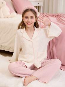 Tween Girl Simple Collar Button Down Pockets Long Sleeve Top And Loose Comfy Jacquard Knit Pants 2Pcs Pajamas Set Pj Sets For Teens Girls Pajama Sets For Teens Pajama Sets For Teen Girls - Baby Pink - View 1