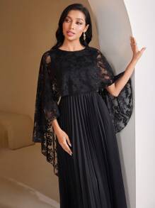 Veilorie Women's Solid Color Lace Patchwork Casual Mid-Length Dress - Black - View 2