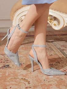 CUCCOO TILAWA Women Fashion Pointed Toe Full Rhinestone Sexy Backless Silver High Heel Party Sandals, Strap Ankle Strap Ladies Pumps
