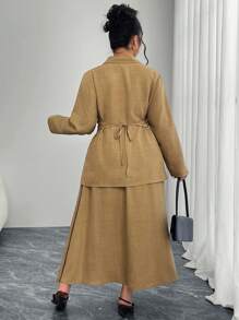 Modelyn Plus Size Casual Solid Color Wrap Shirt & Skirt 2 Pieces Set - Khaki - View 2