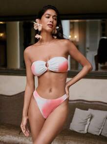 Anewsta Women's Ombre Bandeau Bikini Set With Coverup Long Sleeve Top And Skirt For Vacation, For Summer Beach Vacation - Multicolor - View 5