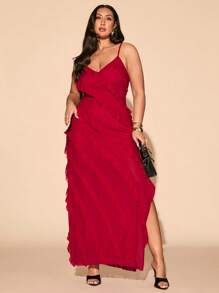 SHEIN BAE Váy maxi xẻ tà viền bèo nhún màu đỏ cỡ lớn dành cho nữ, thanh lịch và gợi cảm cho mọi ngày, đi chơi, hẹn hò, tiệc trà chiều, kỳ nghỉ, mùa xuân/hè, váy sang trọng thanh lịch, trang phục Nashville, váy mùa hè cho nữ, trang phục nghỉ mát cho nữ, váy dự tiệc cưới cho nữ, váy tốt nghiệp, váy bồng bềnh - Đỏ - Xem 5