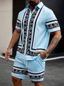 Manfinity Homme Plus Size Heren Korte Mouw Shirt En Shorts Set, Effen Kleur Met Knoopsluiting