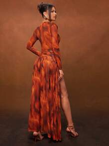 Hauture 冬季女装，女士性感优雅修身棕色抽象印花网眼连衣裙，高开衩长袖，长裙，超长裙。适合约会之夜、音乐会、表演、婚礼、派对、俱乐部、晚会、正式礼服