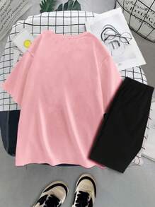 SHEIN Set da 2 pezzi per ragazze adolescenti: top a maniche corte, collo tondo, casual con scritta "LOVE" a mano e motivo a cuore, adatto per l'estate