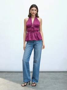 Maija Elegante top de mujer de cuello en V con detalle de fruncido y tirantes, blusa de verano versátil