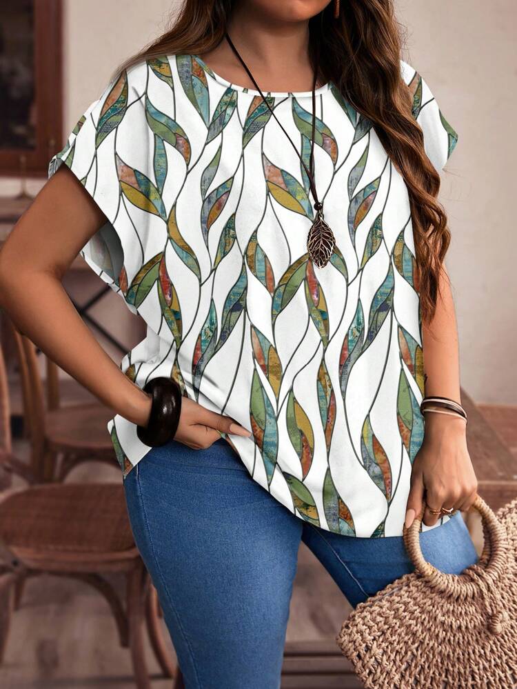 Plus Size Casual Simple Round Neck Short Sleeve Blouse, Suitable For Summer,Concert Women,Western Wear Women Vacation Country Suitable For Going Out Chic Blouses For Women