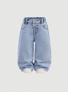 SHEIN Denim Solto com Perna Larga para Meninas, com Decoração Bordada de Laço Fofo, Rosa, Roupas Casuais de Férias de Primavera e Verão para Meninas