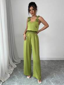 Elenzga Nouvelle combinaison ample sans manches décontractée avec décoration florale brodée, convenant pour les vacances printanières/estivales