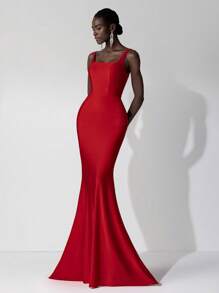 Elitara 优雅奢华红色弹力针织泳衣面料，性感背部设计，鱼尾裙，适合婚礼、派对、单身派对、度假、舞会、伴娘礼服（成人） - 紅色 - 查看 3