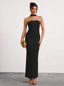 Glamine 米色露肩褶饰挂脖长裙、节日派对狂欢裙、约会夜服装、女士生日服装、情人节连衣裙 - 黑色 - 查看 7