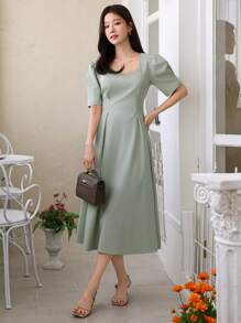 DAZY Đầm dài xếp ly tay phồng màu trơn dành cho nữ, kiểu dáng thanh lịch cho lễ Phục sinh. - màu xanh lá - Xem 5