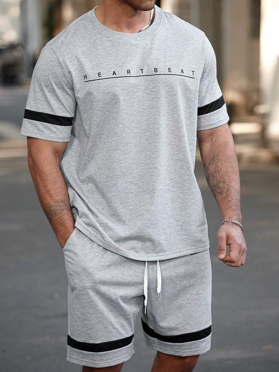 Manfinity Homme Men's Plus Size Round Neck Short Sleeve Top & Shorts Casual 2 Pieces Set - Black and White - View 1