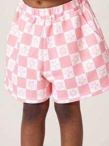 SUMWON Checkered Co-Ord Set Sweatshirt Shorts Outfit Spring Summer Casual Matching Set Wear Urban Streetwear Athletic Kids Play Activewear - Pink - View 6