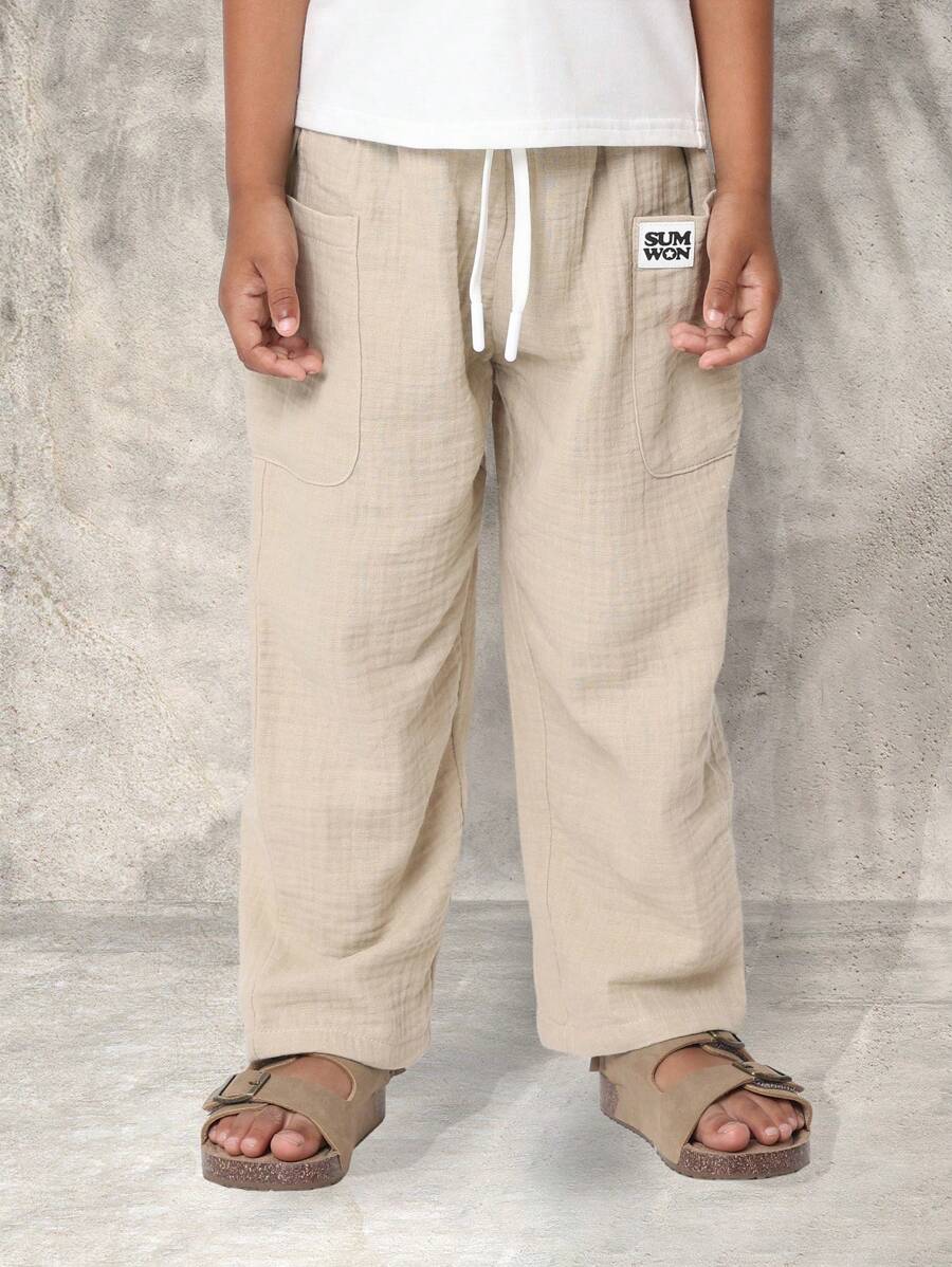SUMWON Premium Pull-On Pants For Boys, Casual Summer Elastic Waist Drawstring Trousers, Perfect For Beach Vacation School Holiday, Breathable Kids Bottoms - Khaki - View 1