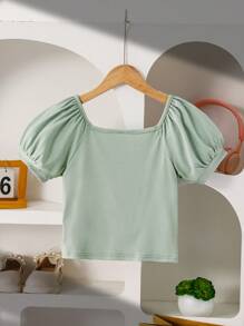 Wildeya Tween Girl T-Shirt, Casual Elegant Basic Green Knit Short Sleeve T-Shirt With Bow And Puff Sleeves, Snug Fit For Outdoor/Holiday Wear, Spring/Summer Young Girls Top