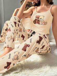 Women's Spaghetti Strap Bear Print Minimalist Top And Long Pants Pajama Set - Multicolor - View 5