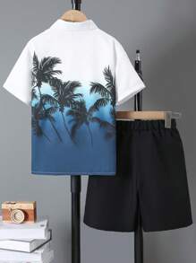 2 buc/set Tween Boys cămașă cu imprimeu nucă de cocos și pantaloni scurți de culoare solidă ținută de vară pentru vacanță la plajă