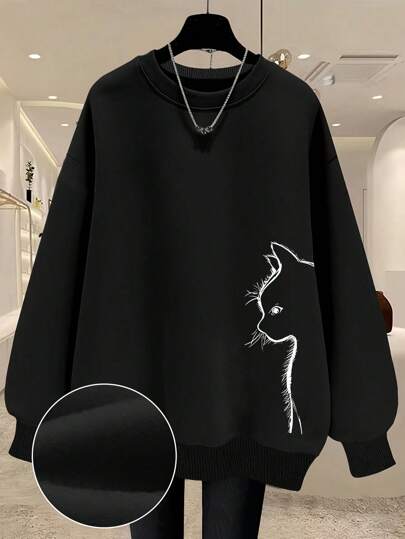 Calvaya 女士加绒小猫印花保暖粗针圆领卫衣，适合毕业季、返校季、教师节等场合，秋冬季节穿着。