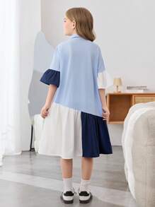 SHEIN Vestido ajustado con mangas de volantes, recortes y volantes para niñas preadolescentes en color liso, casual, adecuado para volver al colegio y uso diario