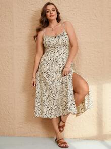 Elaquor 夏季假期細肩帶綁腰大碼小花連衣裙，設有大腿高開叉 - 卡其色 - 查看 4