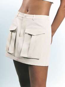 Maija 女士纯色口袋 A 字裙，休闲简约风格，适合日常穿着、节日 - 杏色 - 查看 3