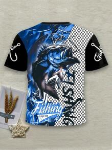 Men's Letter & Fish Graphic Round Neck Short Sleeve Casual T-Shirt