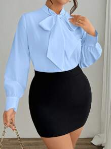 Calvaya 大码纯色时尚休闲蝴蝶结长袖基本款衬衫，适合春秋季节