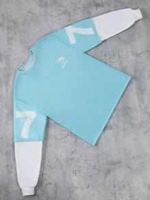 SHEIN Sudadera sencilla y casual con parches de unicolor y estampado de letras para adolescentes - Celeste - Ver 2